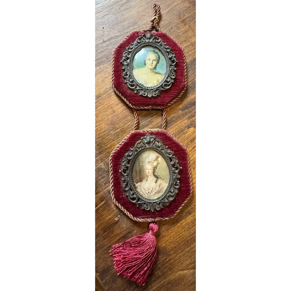 Italy Ornate Metal Double Oval Hanging Photo Frame 3" Portraits Florentine